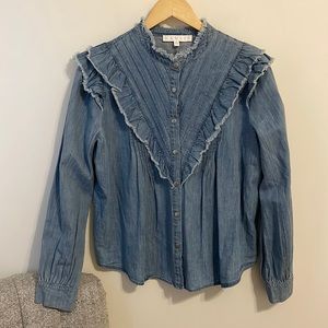 KARLIE denim chambray ruffled yoke western tuxedo style top